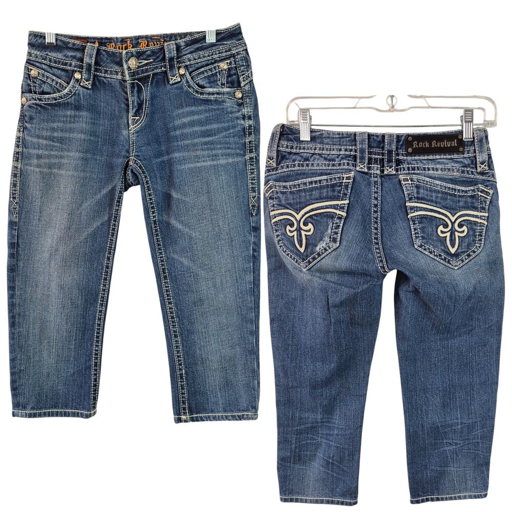 Rock Revival Heavy Stich Embroidered Pocketss Amy Boot Blue Jeans Crop Capri 27